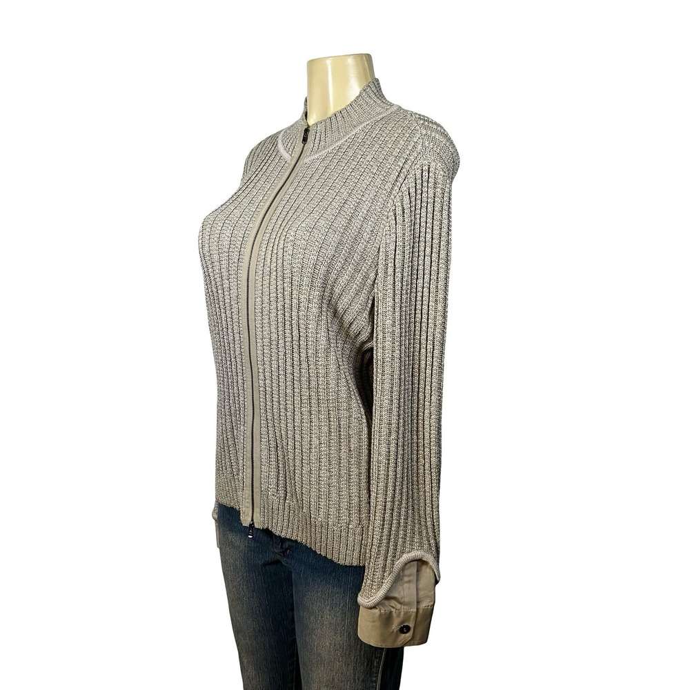 St. John Sport Womens Taupe Ribbed Full Zip Silk Wool Blend Cardigan Med Sweater